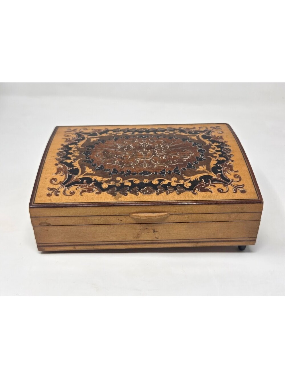 Reuge Swiss Wooden Music Box With Ornate Floral Lid And Interior Compartment